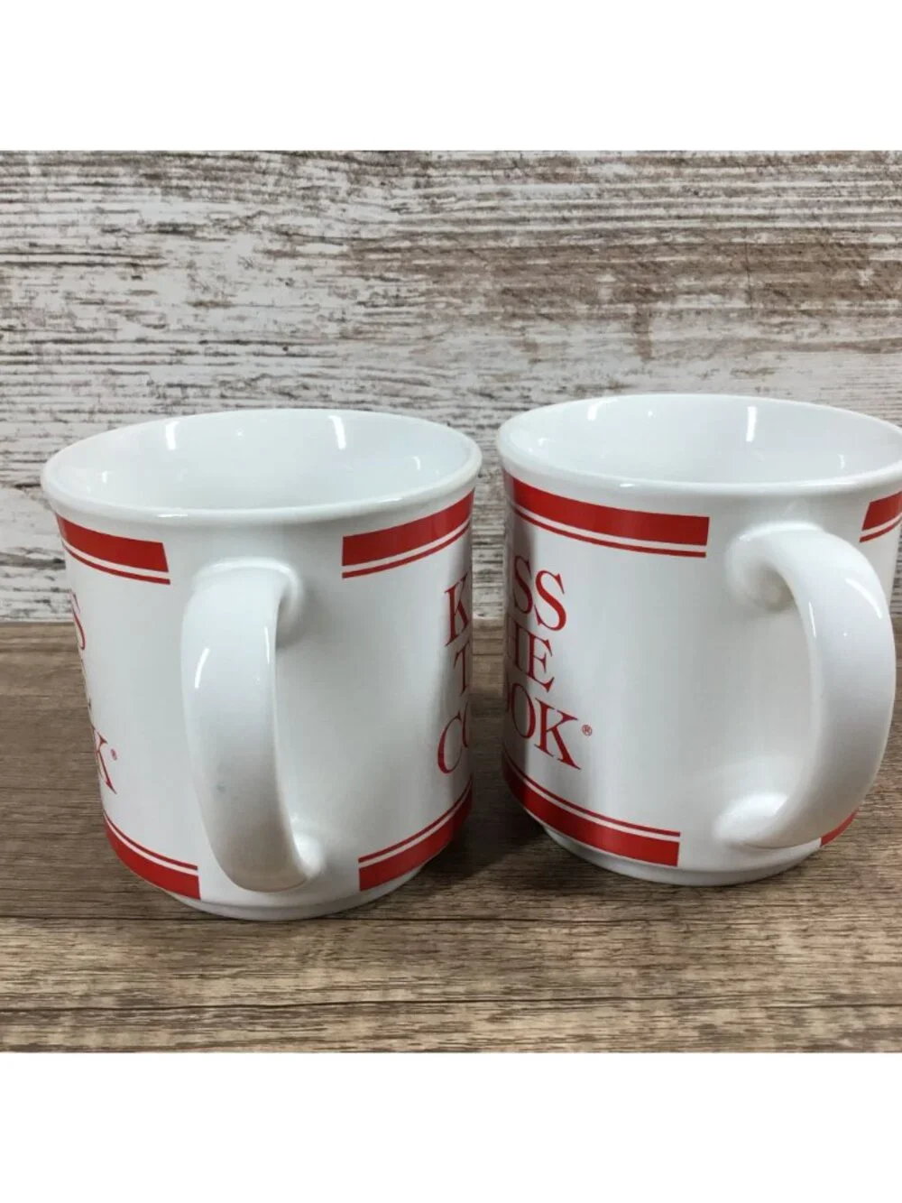 Kiss The Cook Red White Ceramic Coffee Mugs Set Of 2 Farmhouse Kitchen Drinkware